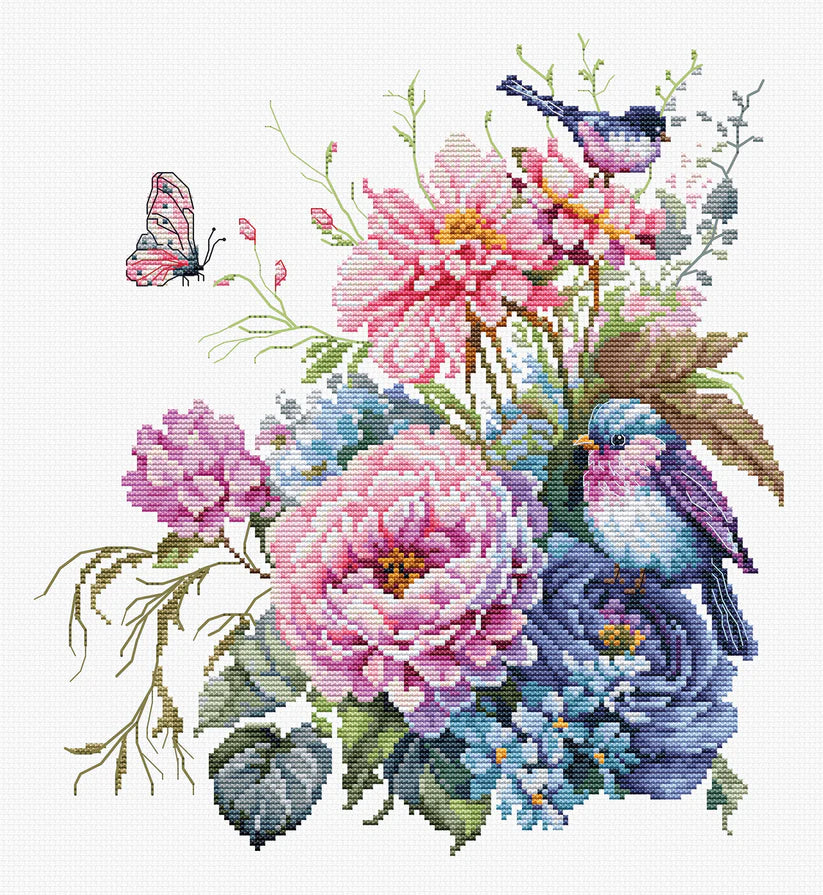 Cross stitch embroidery set with embroidery hoop - Birds-Summer