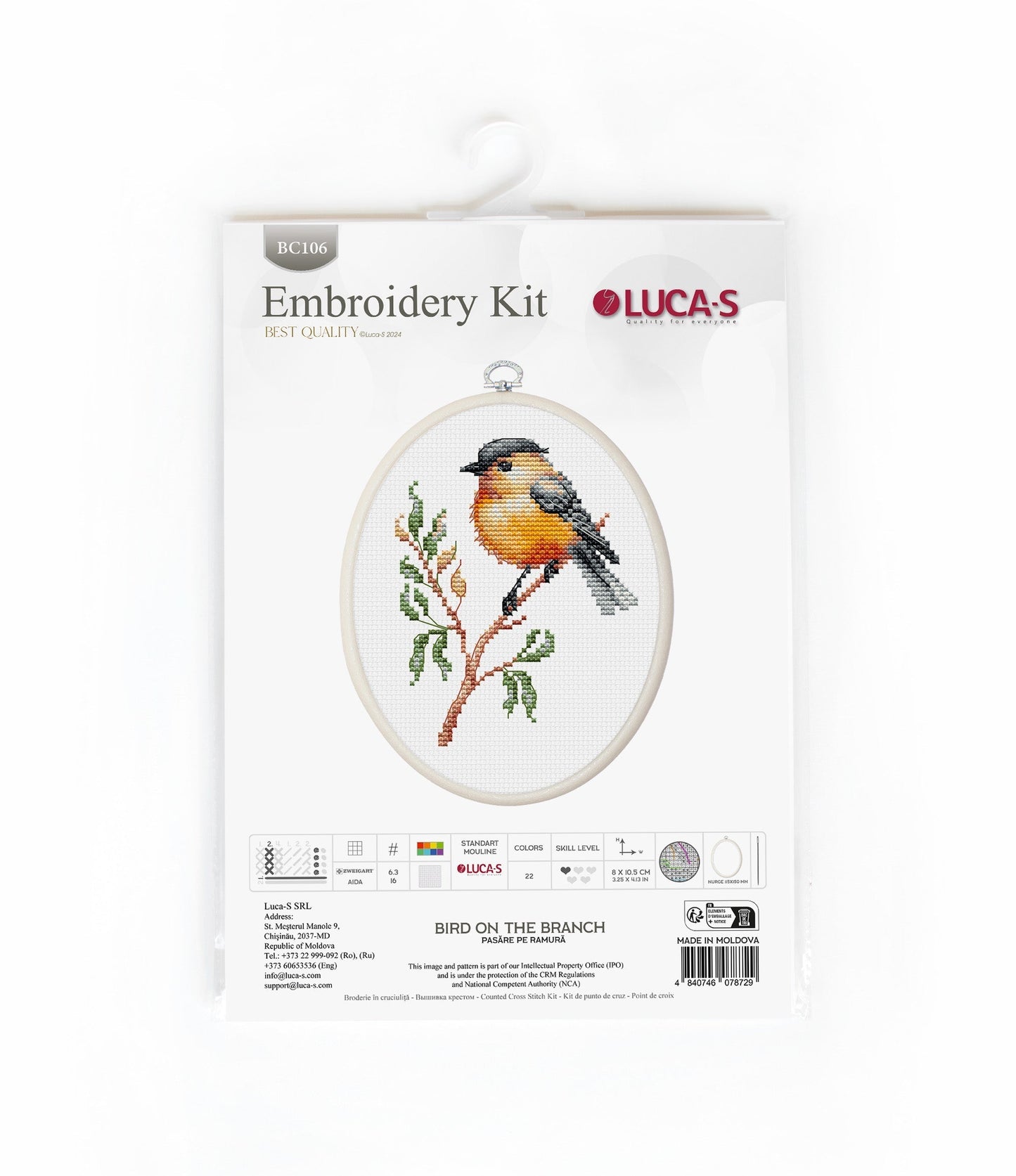 Cross stitch embroidery set with embroidery hoop included Luca-S - Bird on Branch, BC106