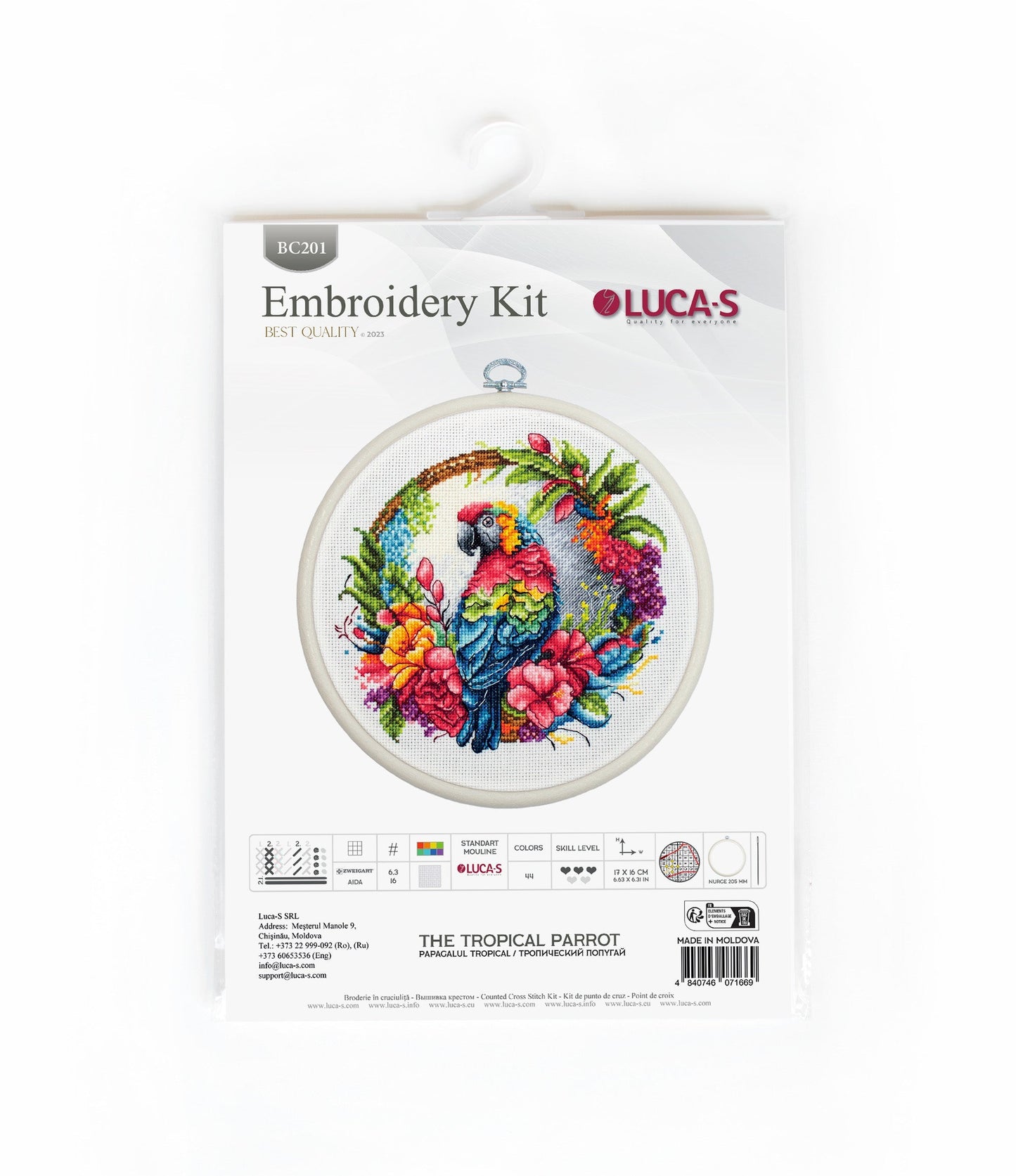 Cross stitch embroidery kit with embroidery hoop included - BC201 Tropical Parrot