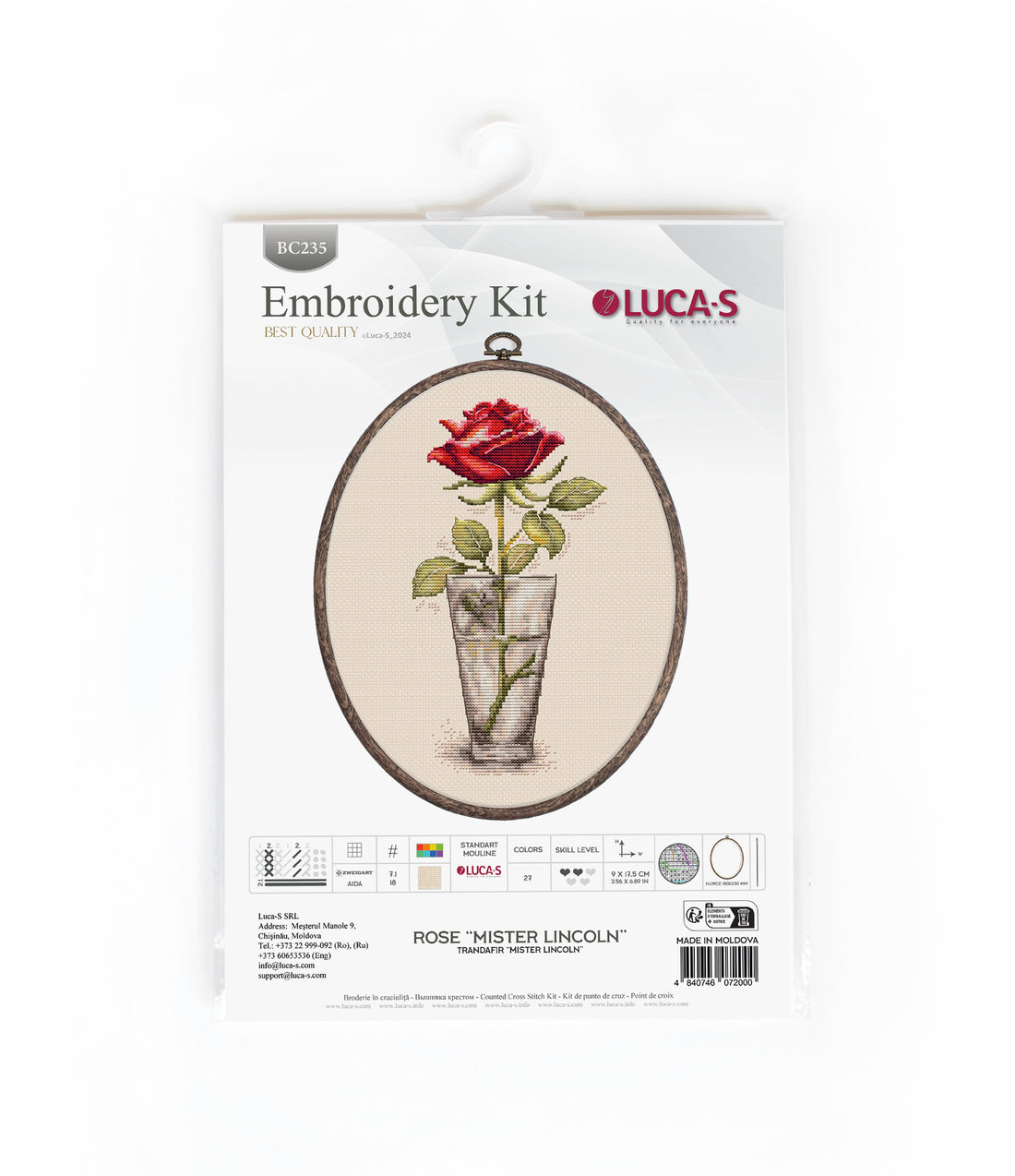 Luca-S cross stitch kit with hoop included - Rose “Mister Lincoln”, BC235
