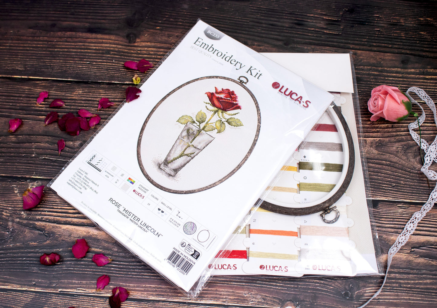 Luca-S cross stitch kit with hoop included - Rose “Mister Lincoln”, BC235