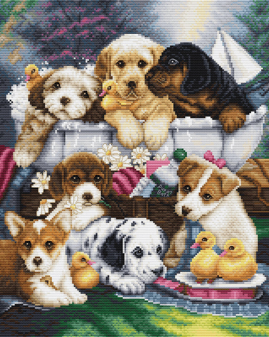 Cross Stitch Kit Luca-S - BU5025 Puppies at Bath Time