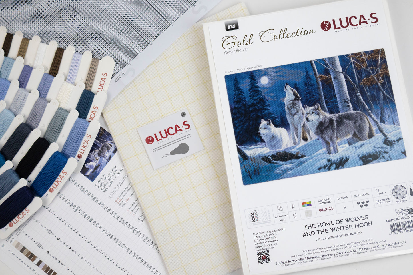 Set de brodat în cruciuliță Luca-S GOLD - Urletul Lupilor și Luna de Iarnă, B727